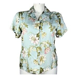 Pineapple Moon Top LARGE Pastel Hawaiian Floral 100% Silk Shell Button Travel